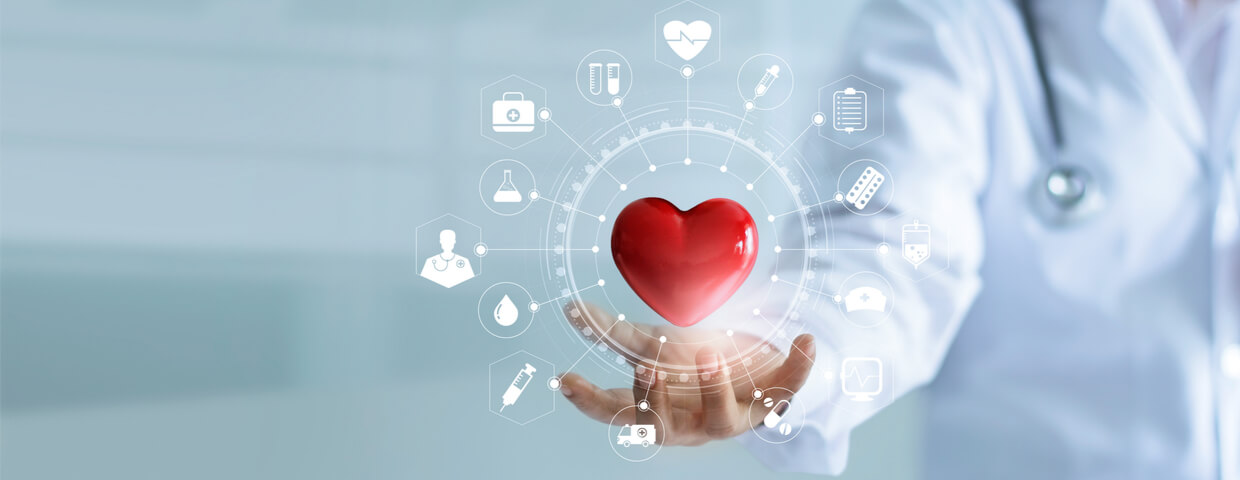 Medicine doctor holding red heart shape in hand with medical icon network connection modern virtual screen interface