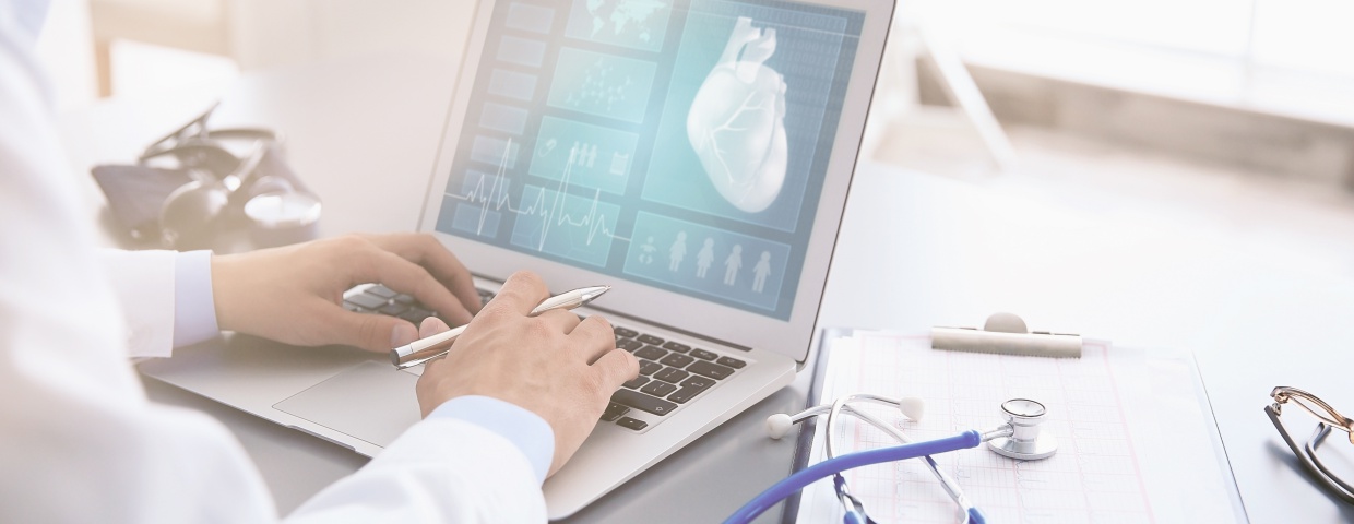 cardiologist looking at heart on laptop cardiologist looking at heart on laptop